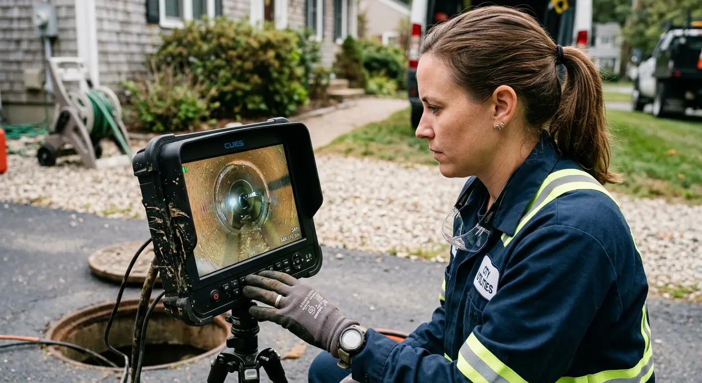Technician reviewing sewer camera inspection footage in Gladewater