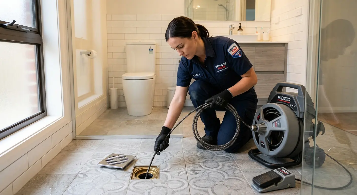 Technician clearing a bathroom floor drain for Hydro Jetting in Gladewater